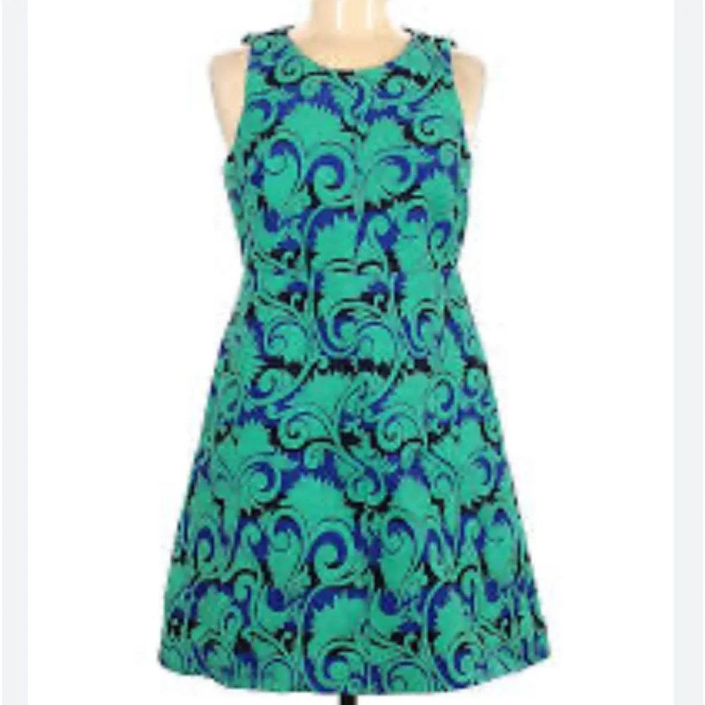 NWT J.Crew Black Label Blue Green Jacquard Sleeveless A Line Dress Size 6